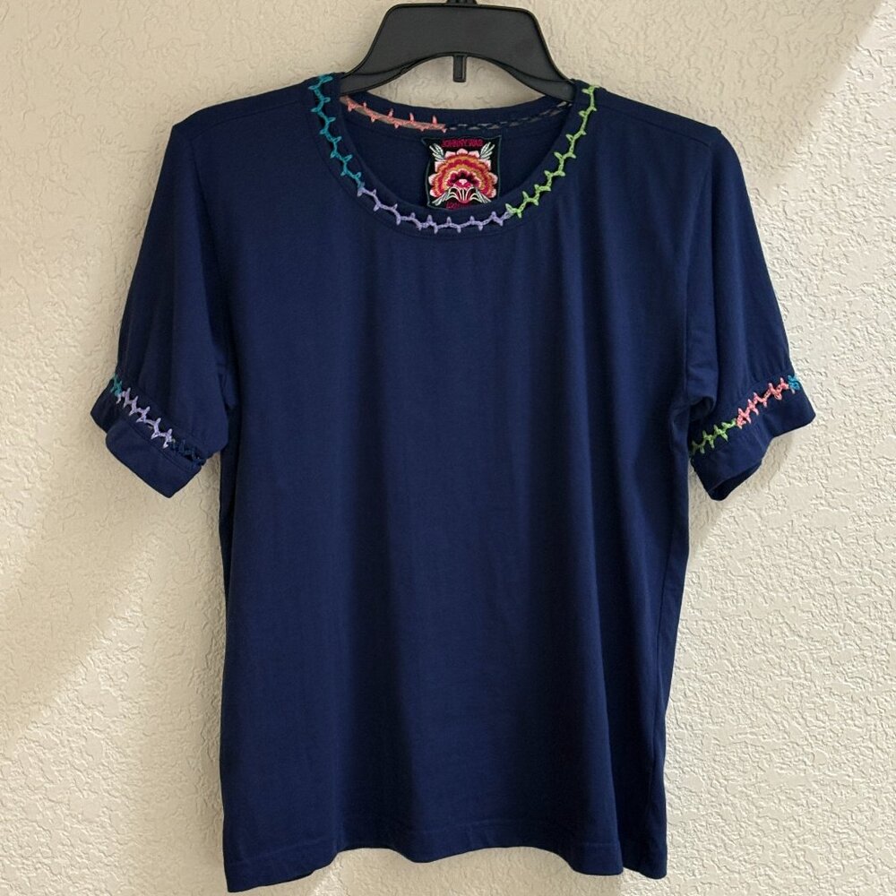 Johnny Was Crochet Crew Neck Tee in Navy, Size S